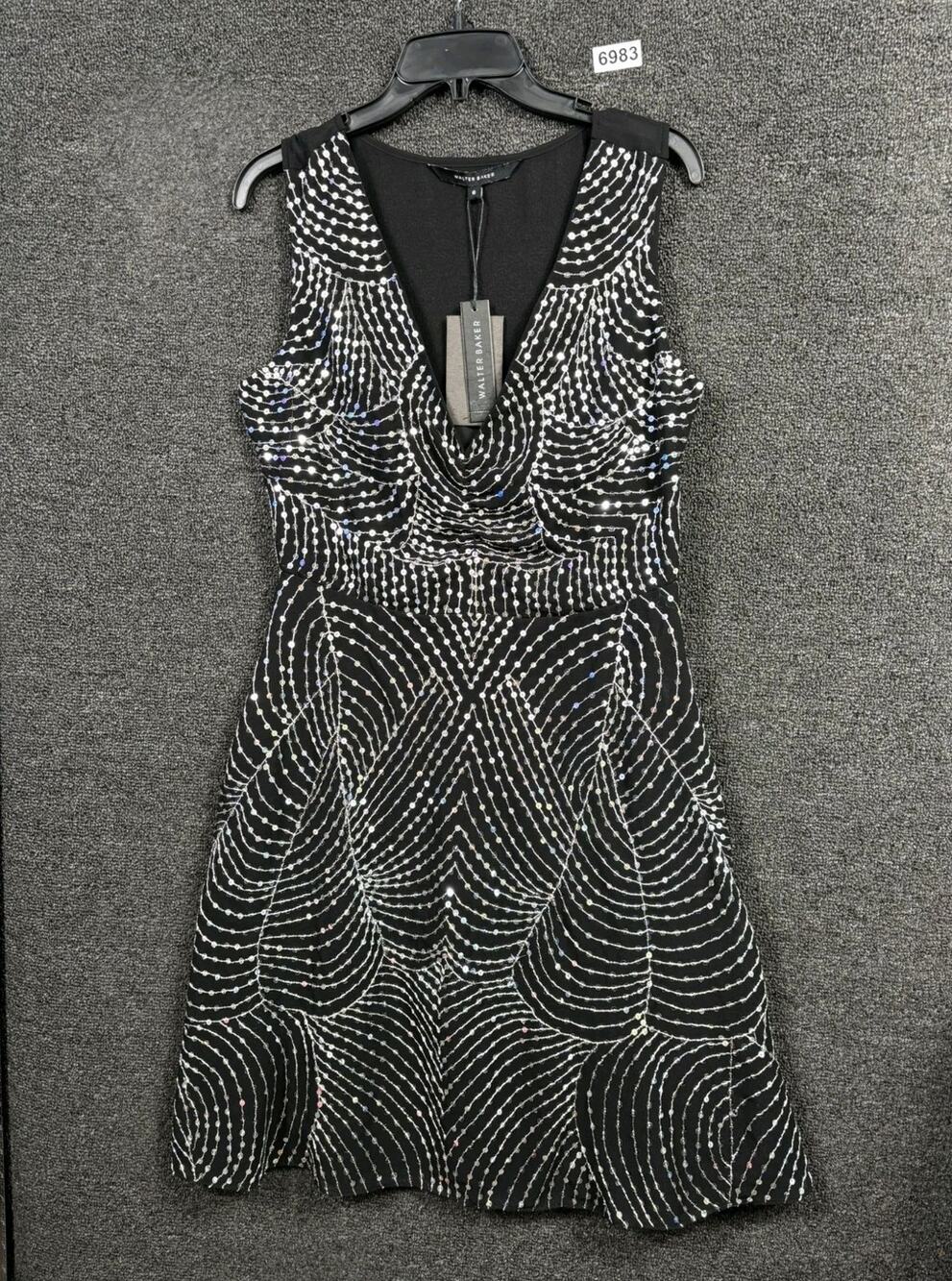 Walter Baker Effy Sequined Mixed Media Party Dress Womens Size 6 Black NEW